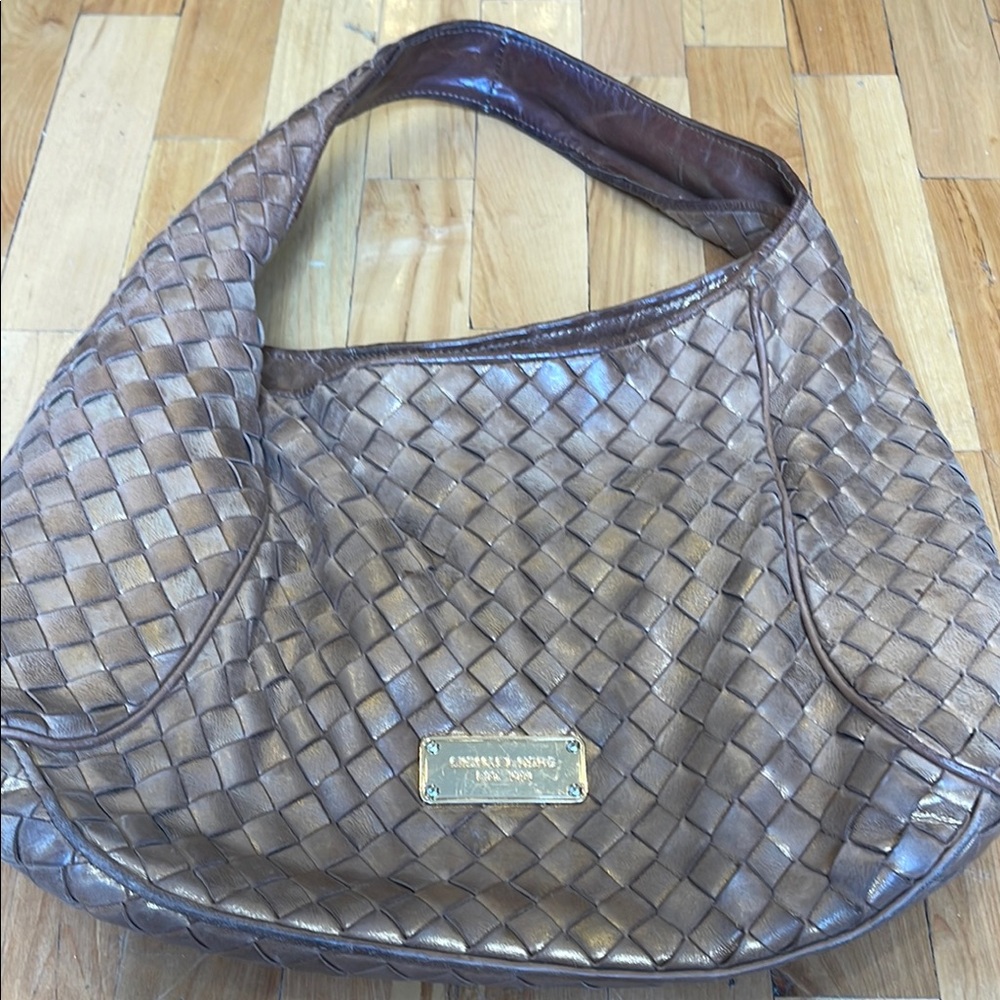 Michael Kors Brown Leather Woven Shoulder Bag. It’s gold